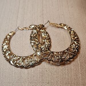 Gold-Tone Large Filigree Hoops, Preloved In EC